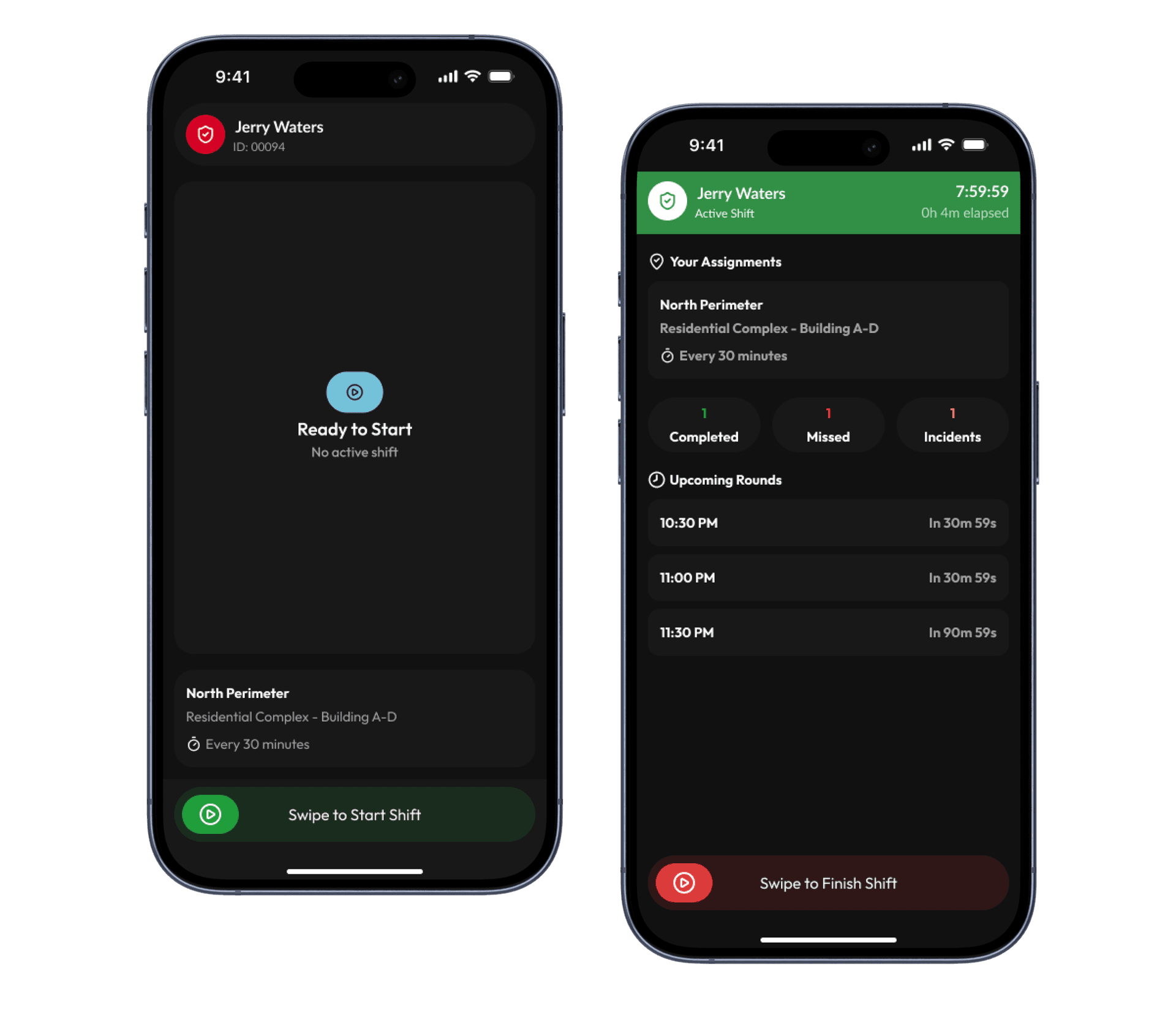 OPSY mobile app screens showing guard check-in and incident reporting features