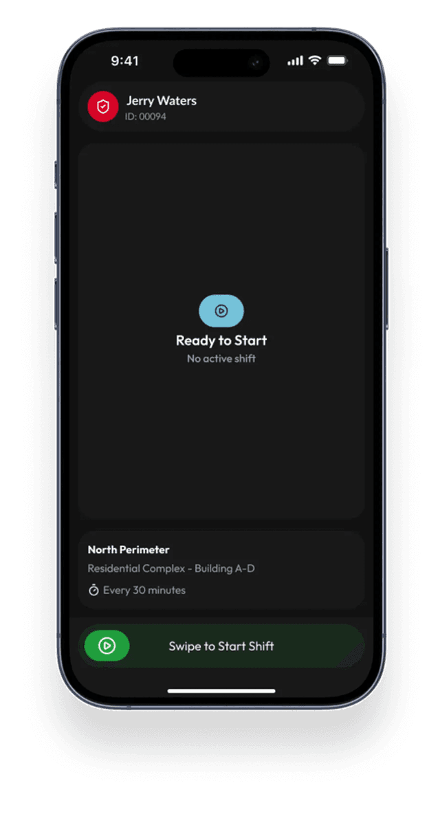 OPSY mobile app interface displaying shift scheduling and active patrol tracking for security guards